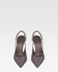 Slingbacks in grey satin with stud detailing.