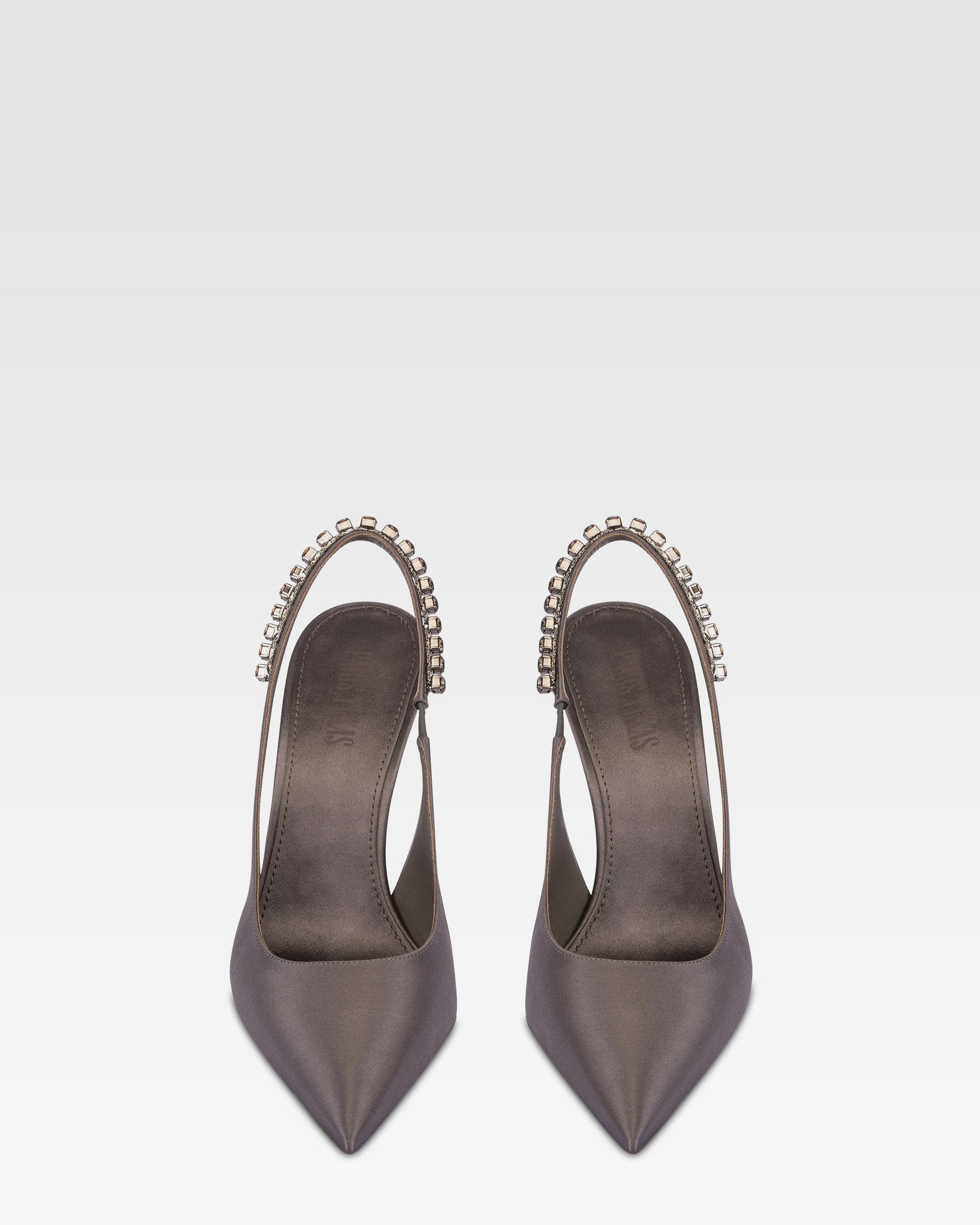 Slingbacks in grey satin with stud detailing.