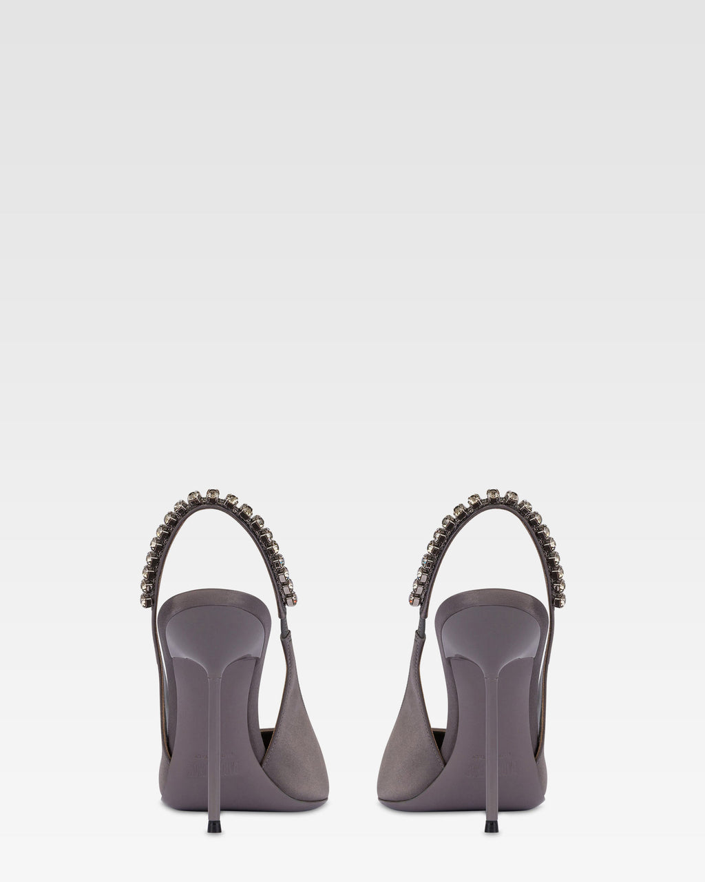 Slingbacks in grey satin with stud detailing.