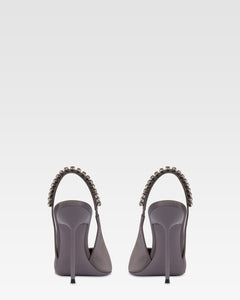 Slingbacks in grey satin with stud detailing.