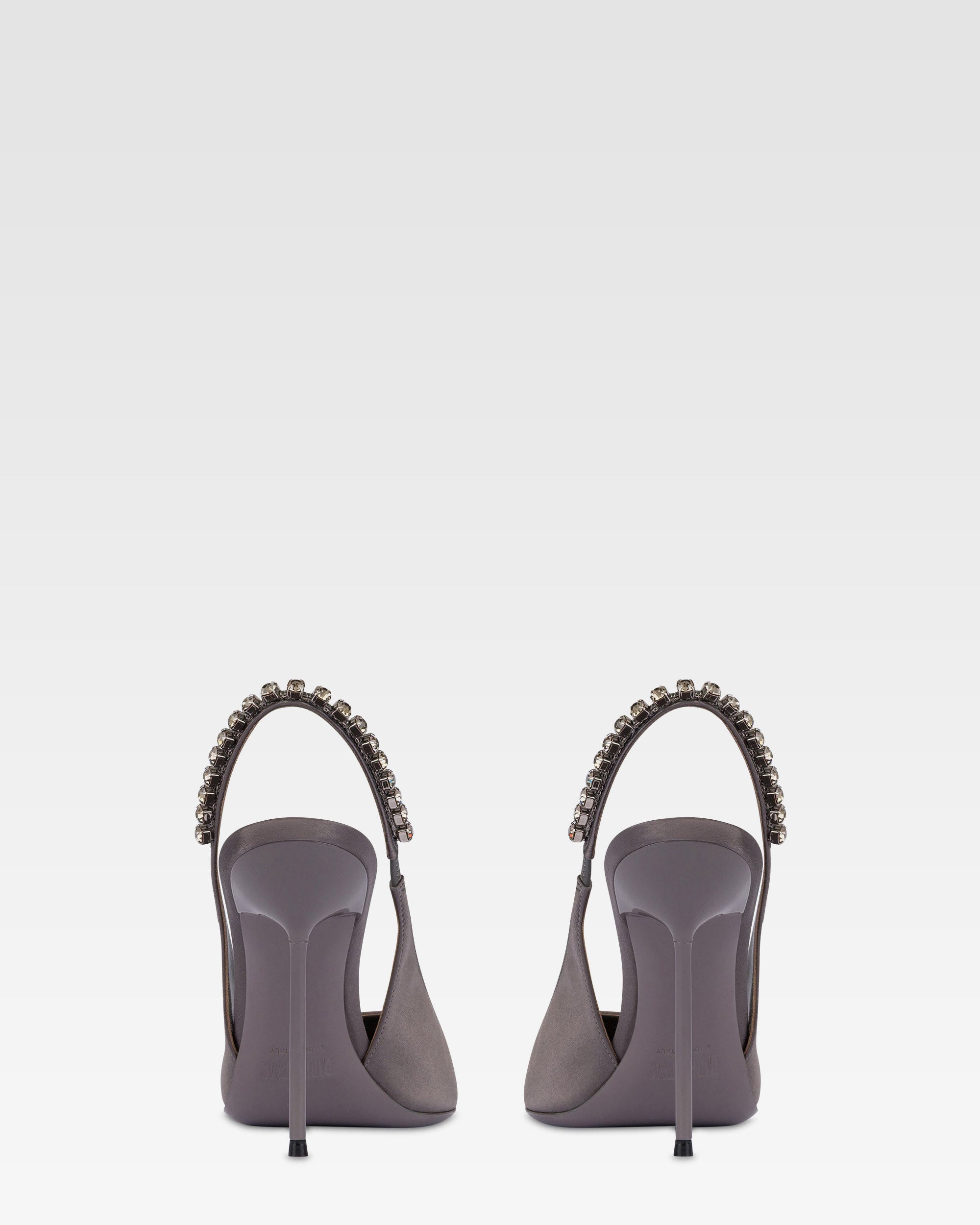 Slingbacks in grey satin with stud detailing.