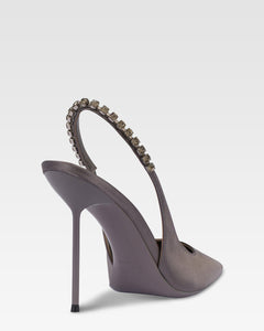 Slingbacks in grey satin with stud detailing.