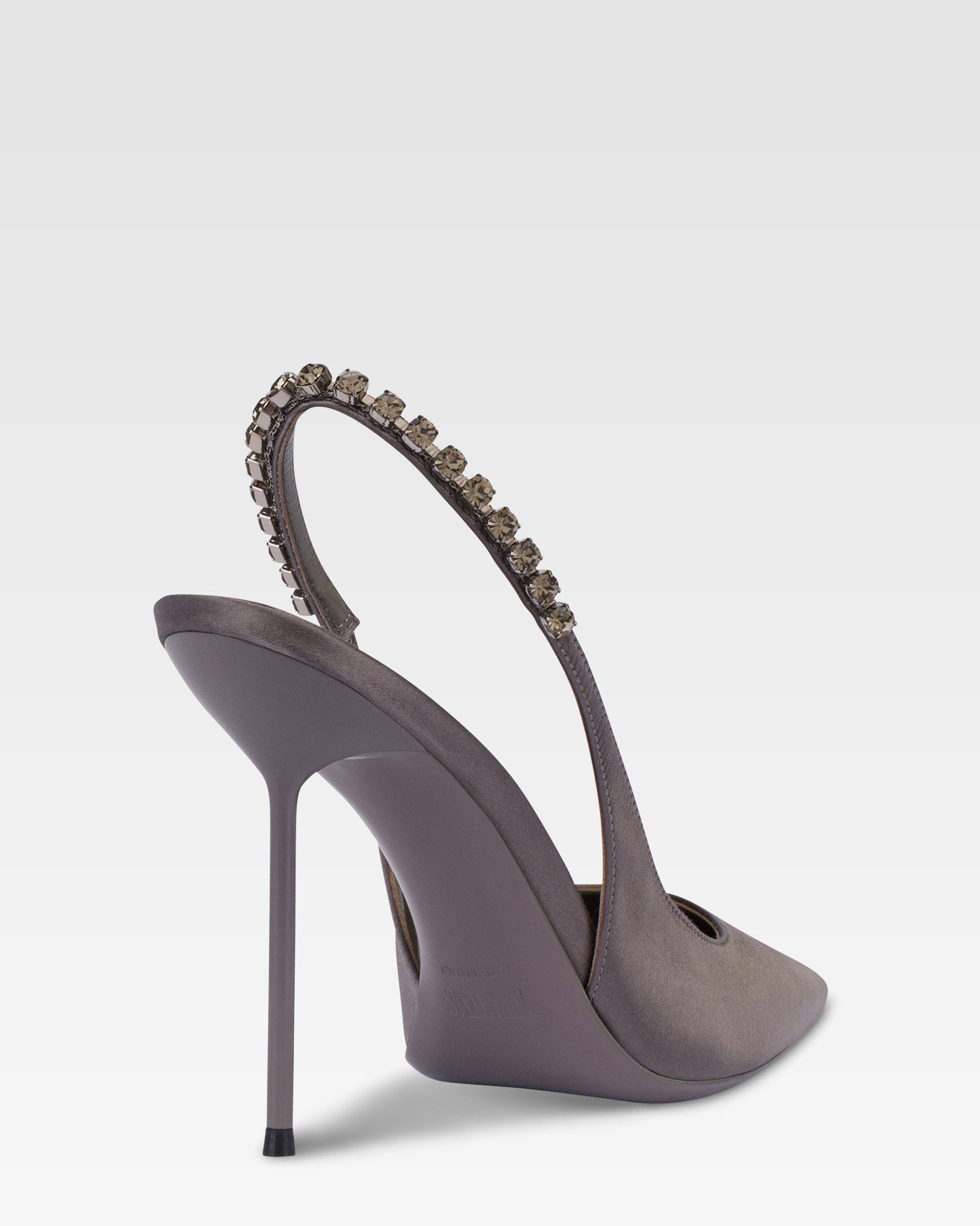 Slingbacks in grey satin with stud detailing.