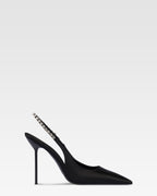 Slingbacks in black satin with stud detailing.