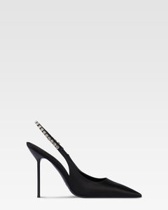 Slingbacks in black satin with stud detailing.