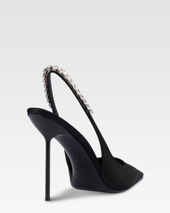 Slingbacks in black satin with stud detailing.