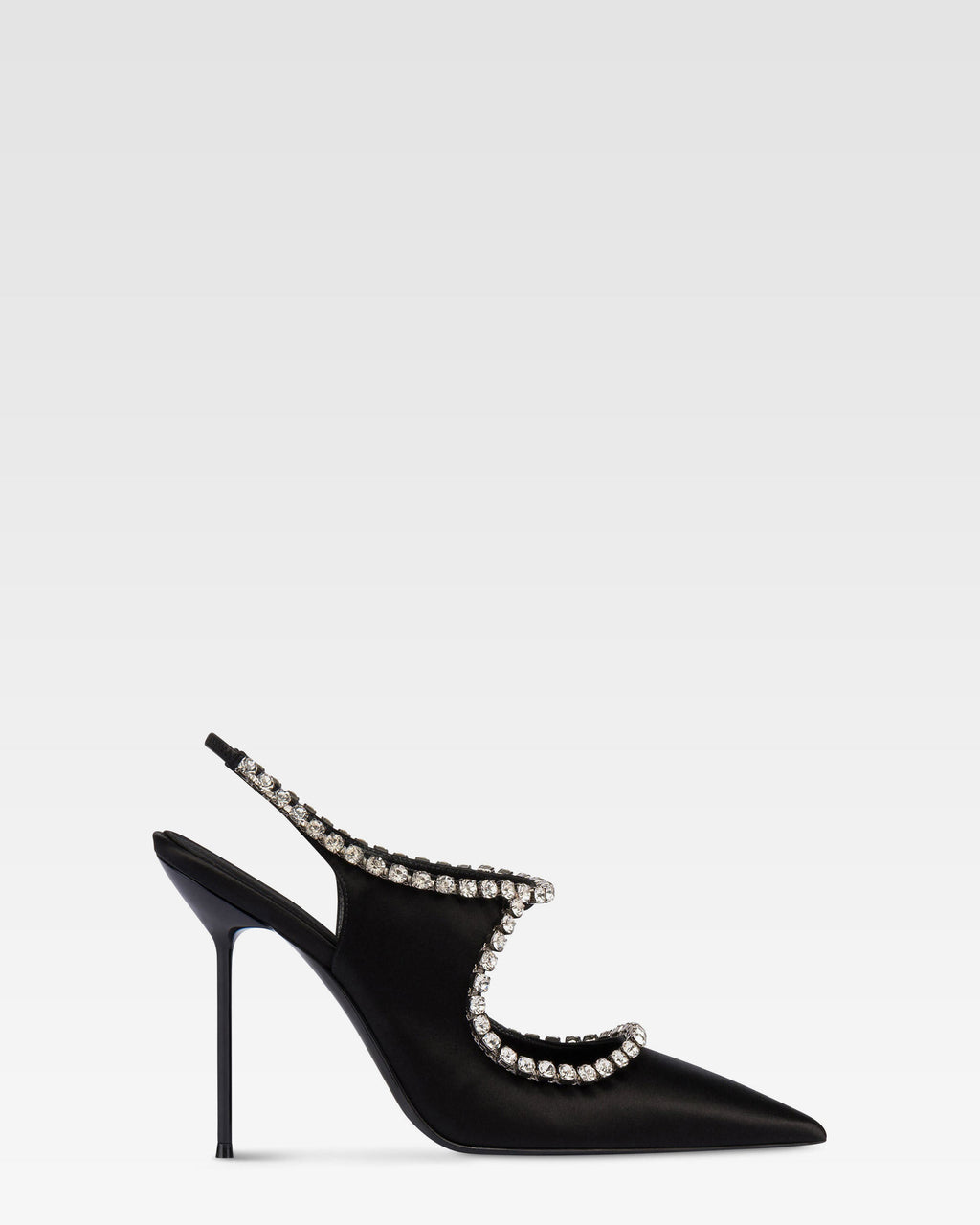 Slingbacks in black satin with stud detailing.
