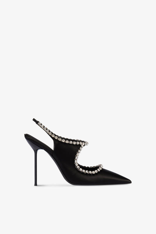 Slingbacks in black satin with stud detailing.