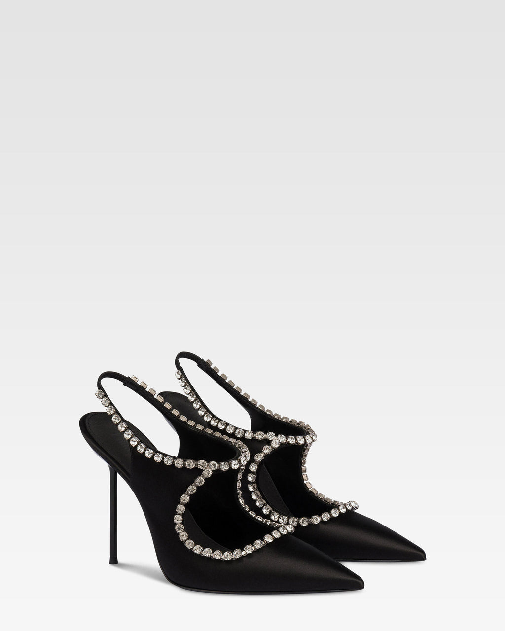 Slingbacks in black satin with stud detailing.
