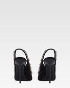 Slingbacks in black satin with stud detailing.