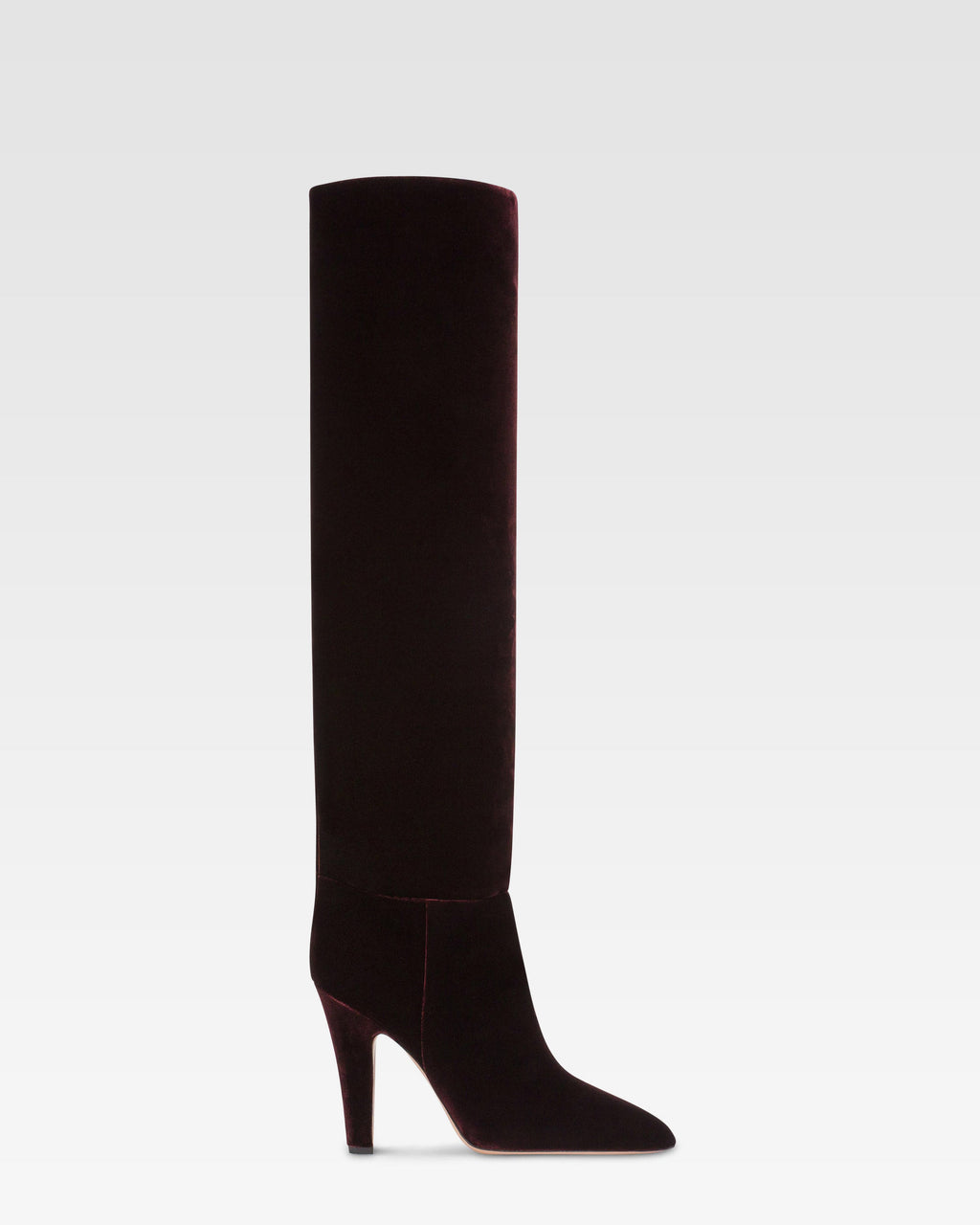 Boots in pinot noir velvet.