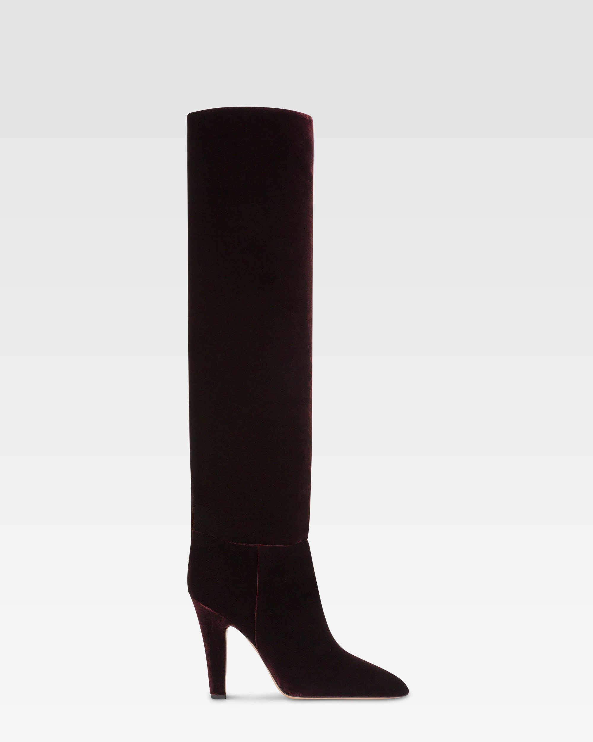 Boots in pinot noir velvet.