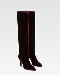 Boots in pinot noir velvet.