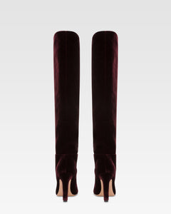 Boots in pinot noir velvet.