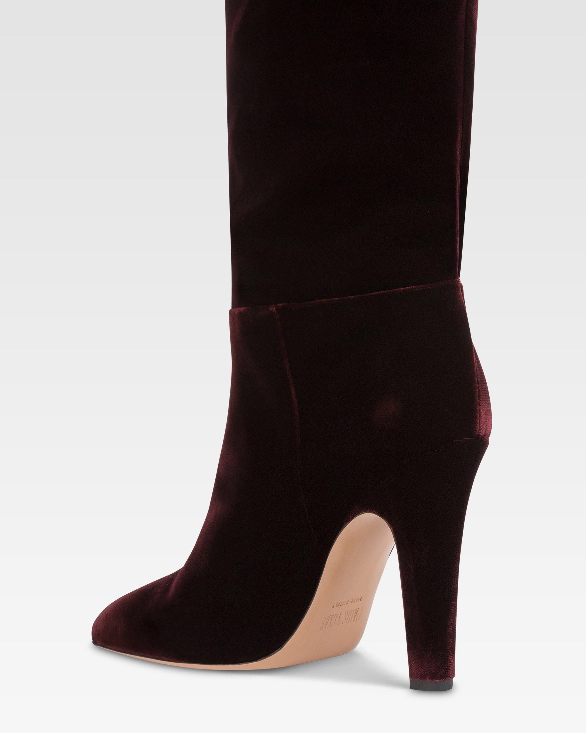 Boots in pinot noir velvet.