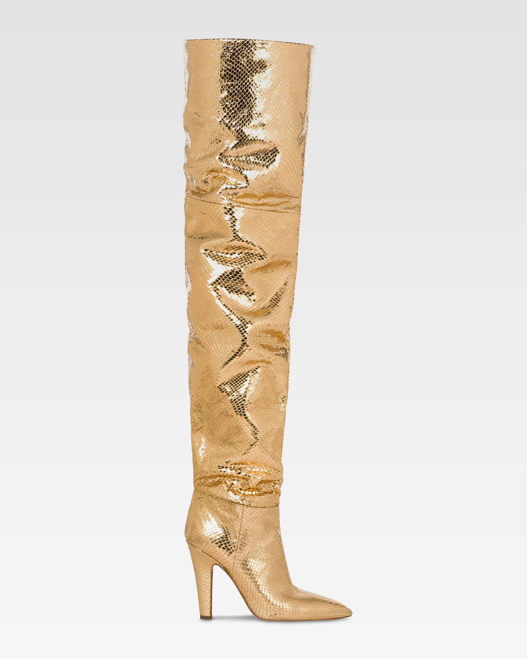 Over-the-knee boots in gold, metallic-effect printed python leather.