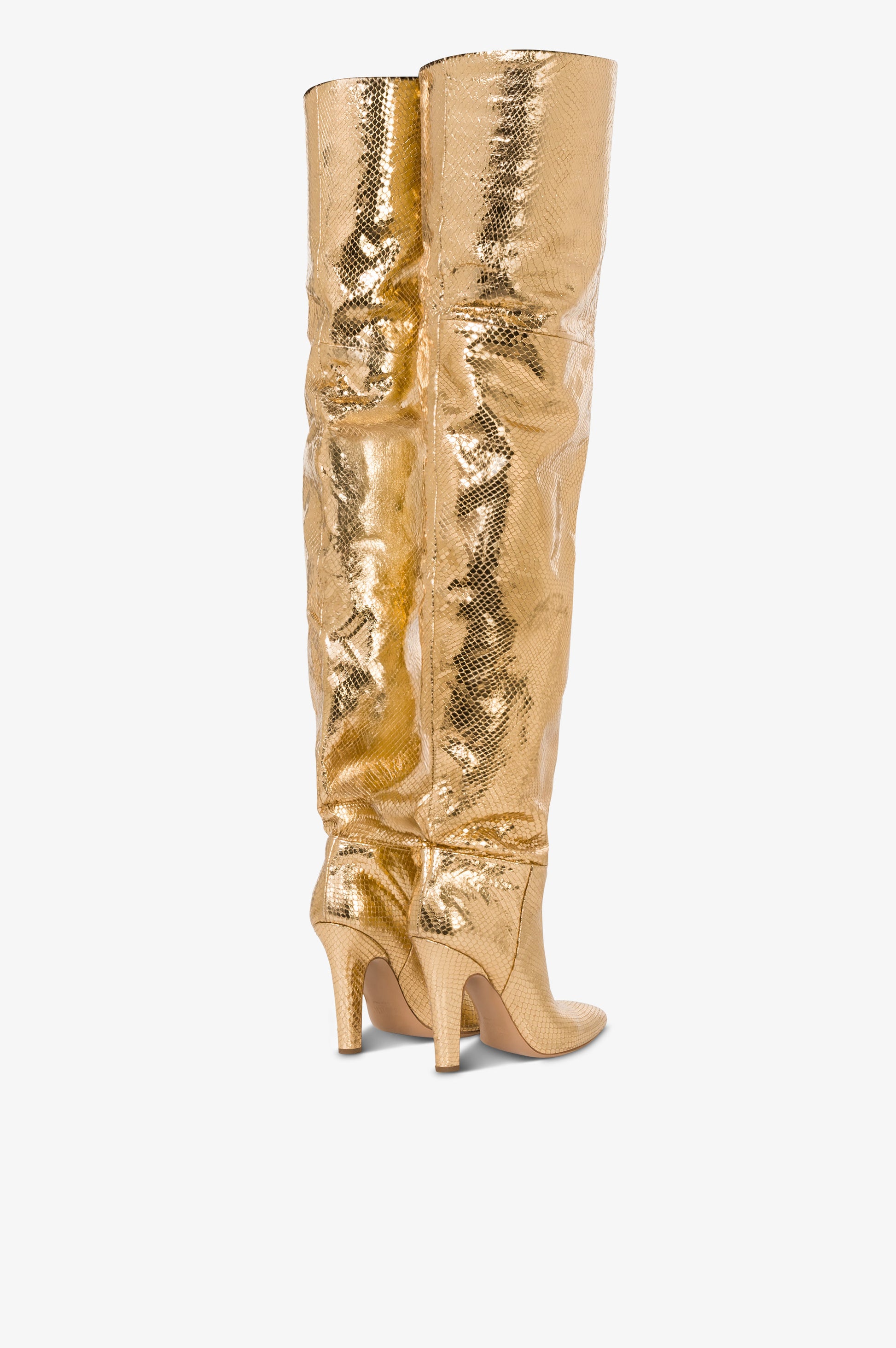 Kniehohe Stiefel aus goldfarbenem, bedrucktem Pythonleder mit Metallic-Effekt.