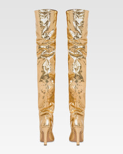 Over-the-knee boots in gold, metallic-effect printed python leather.