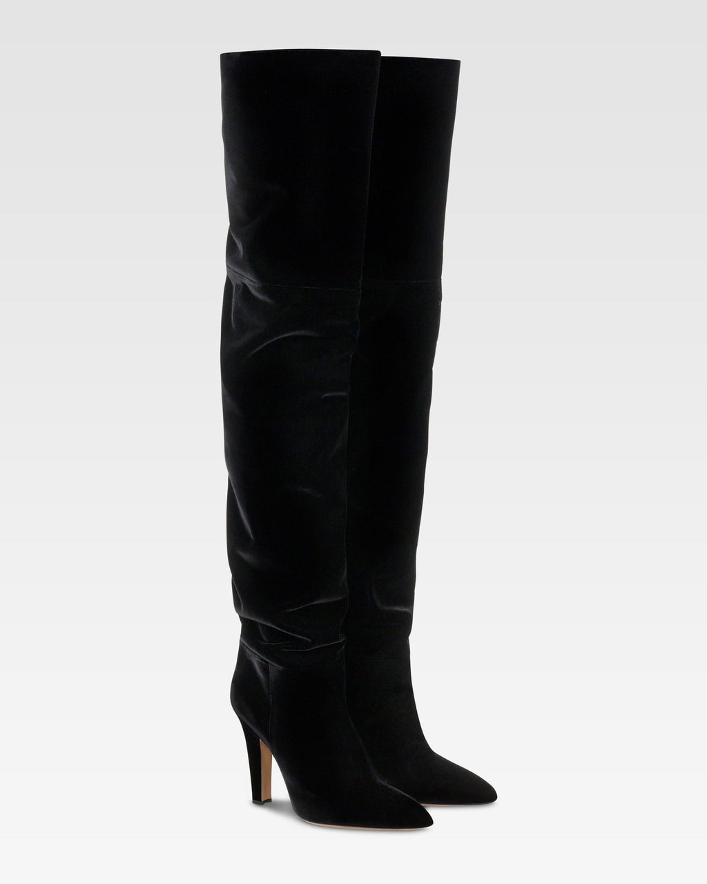 Over-the-knee boots in black velvet.