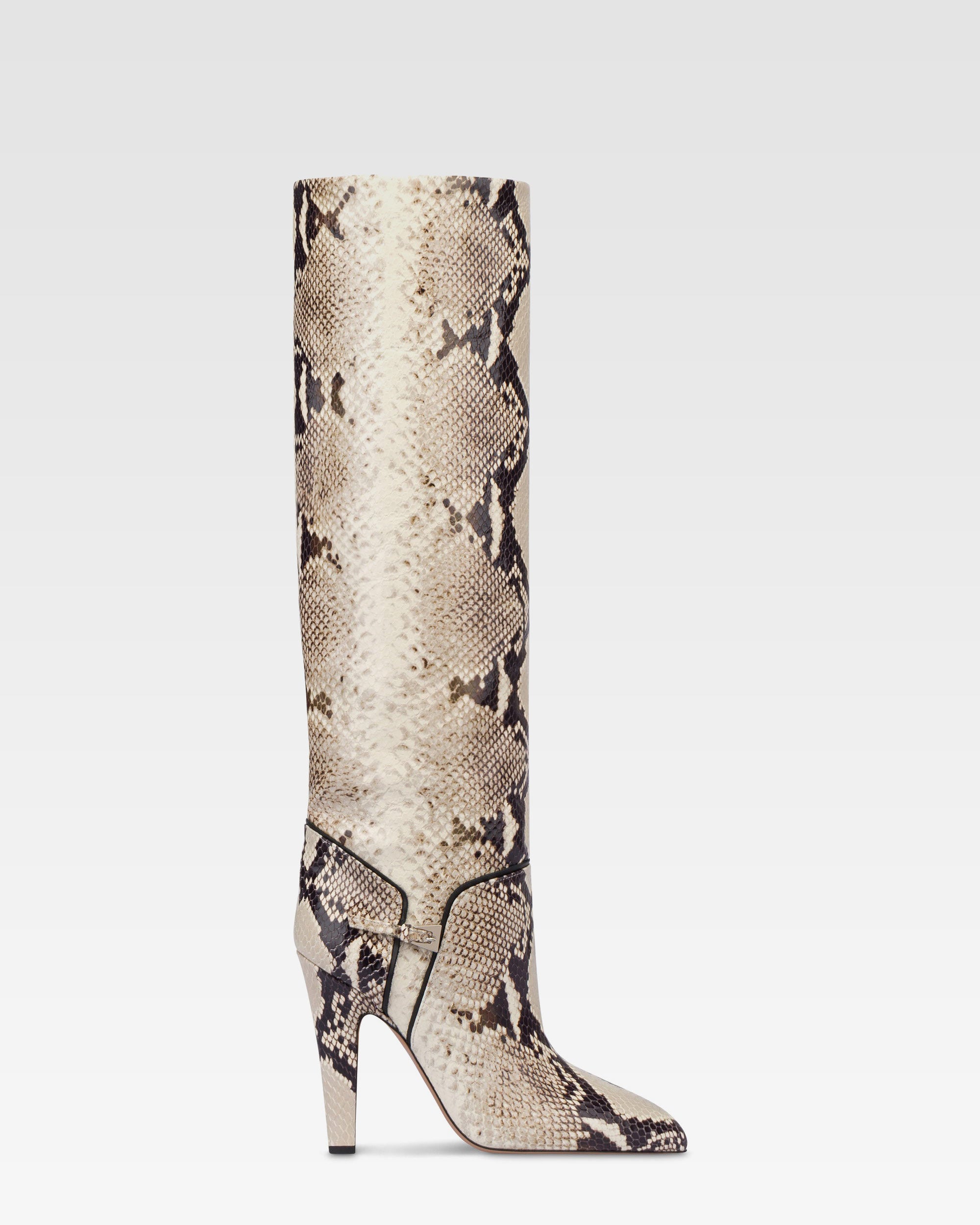 Boots in natural printed python leather.