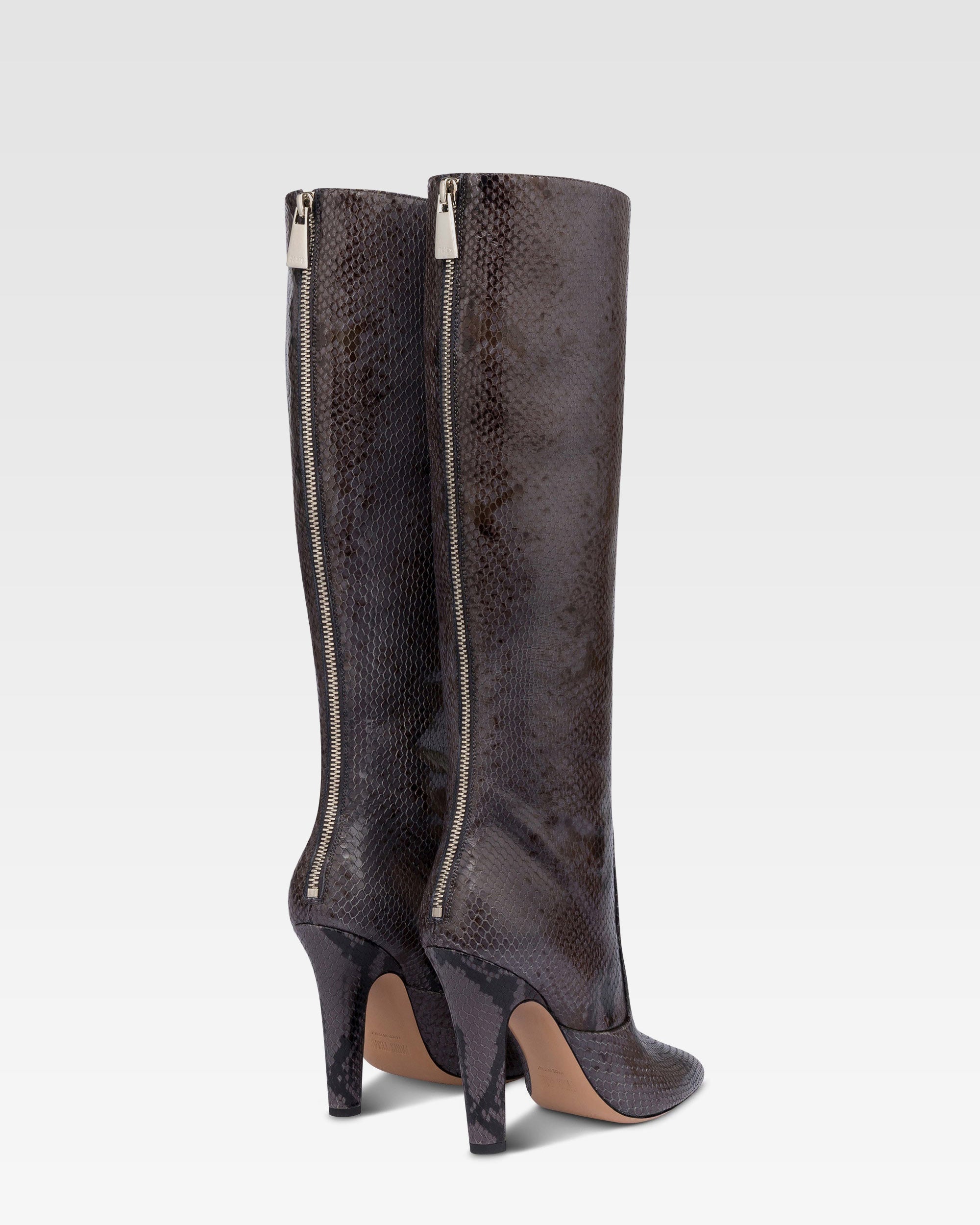Boots in ash printed python leather.