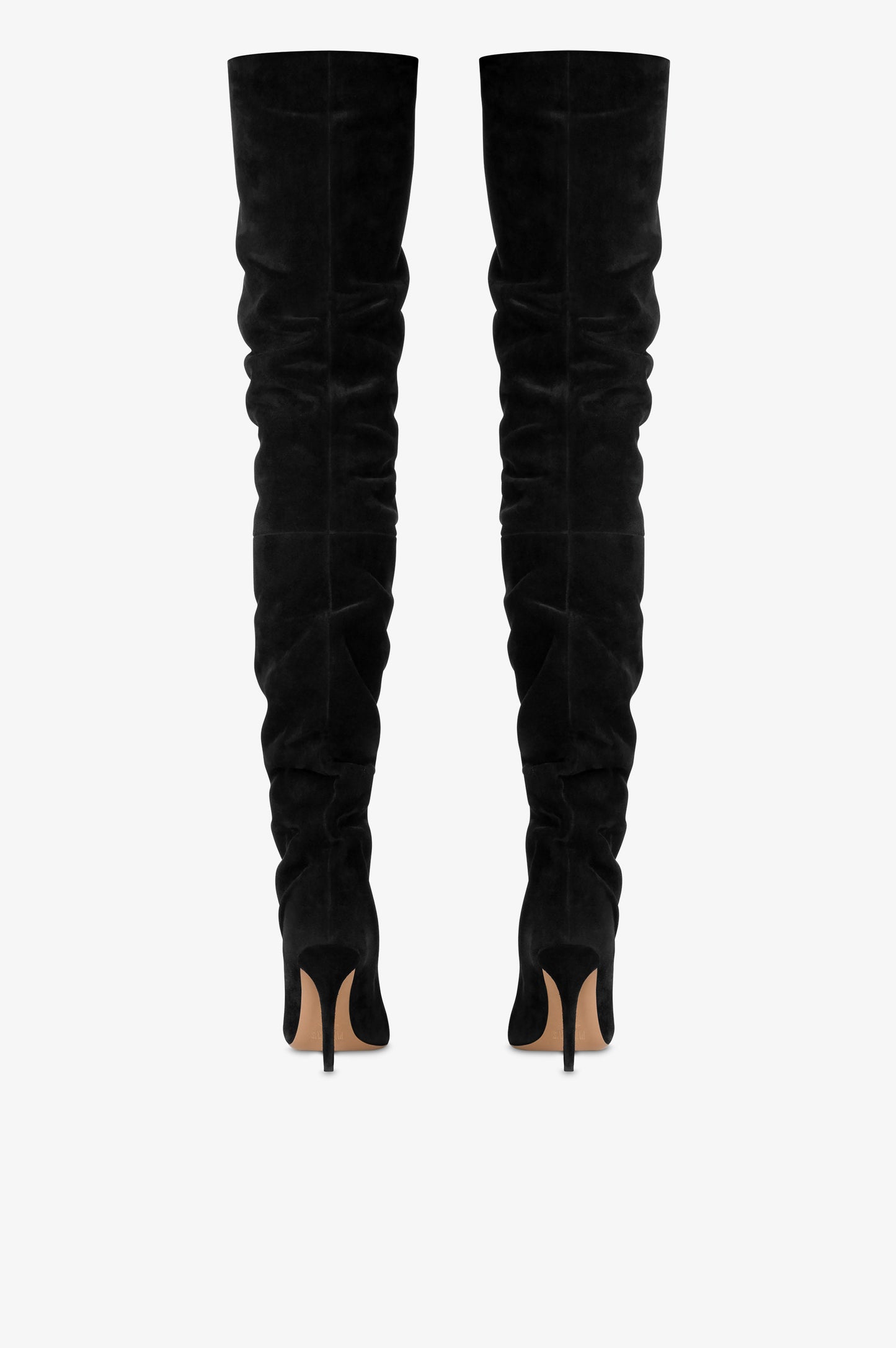 Kniehohe Stiefel aus schwarzem Wildleder.