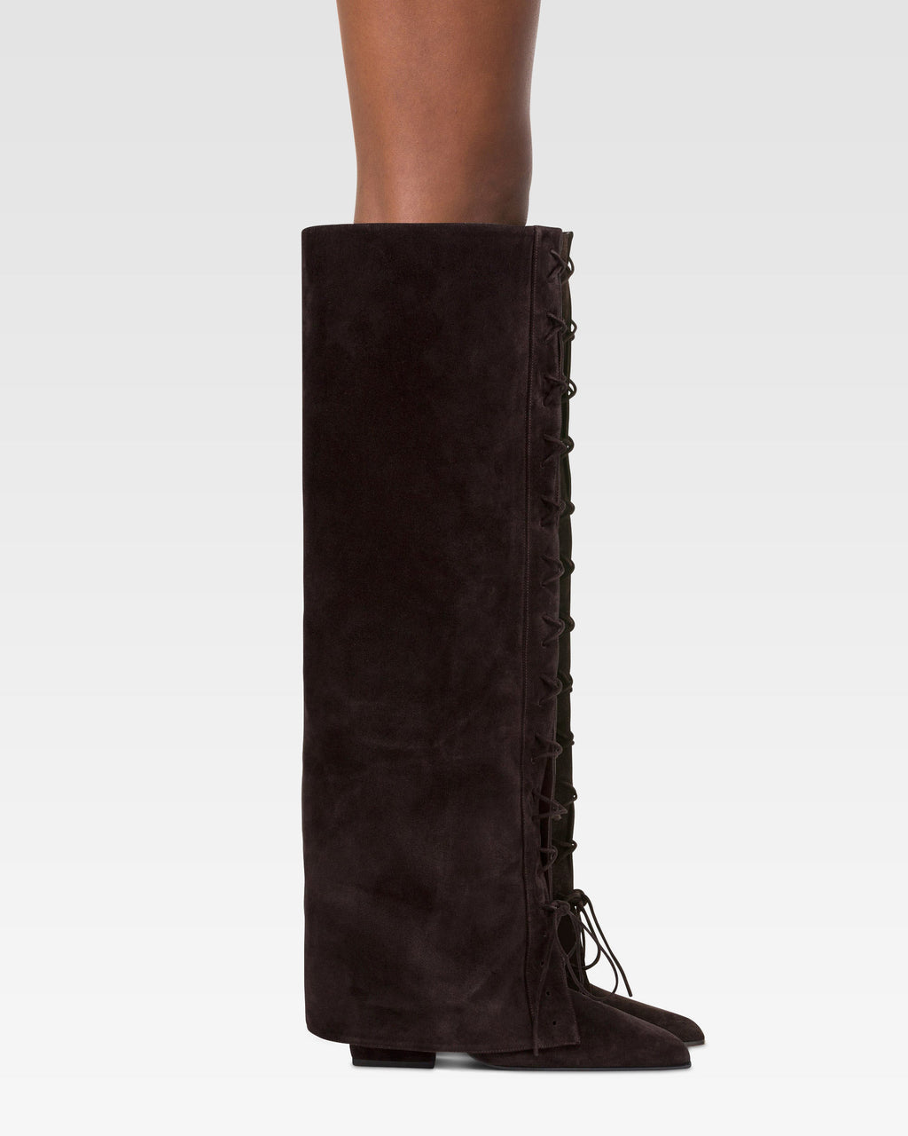 Fold-over boots in ebony calf suede.