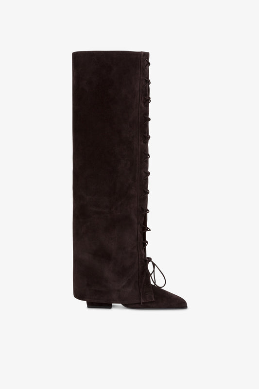 Fold-over boots in ebony calf suede.