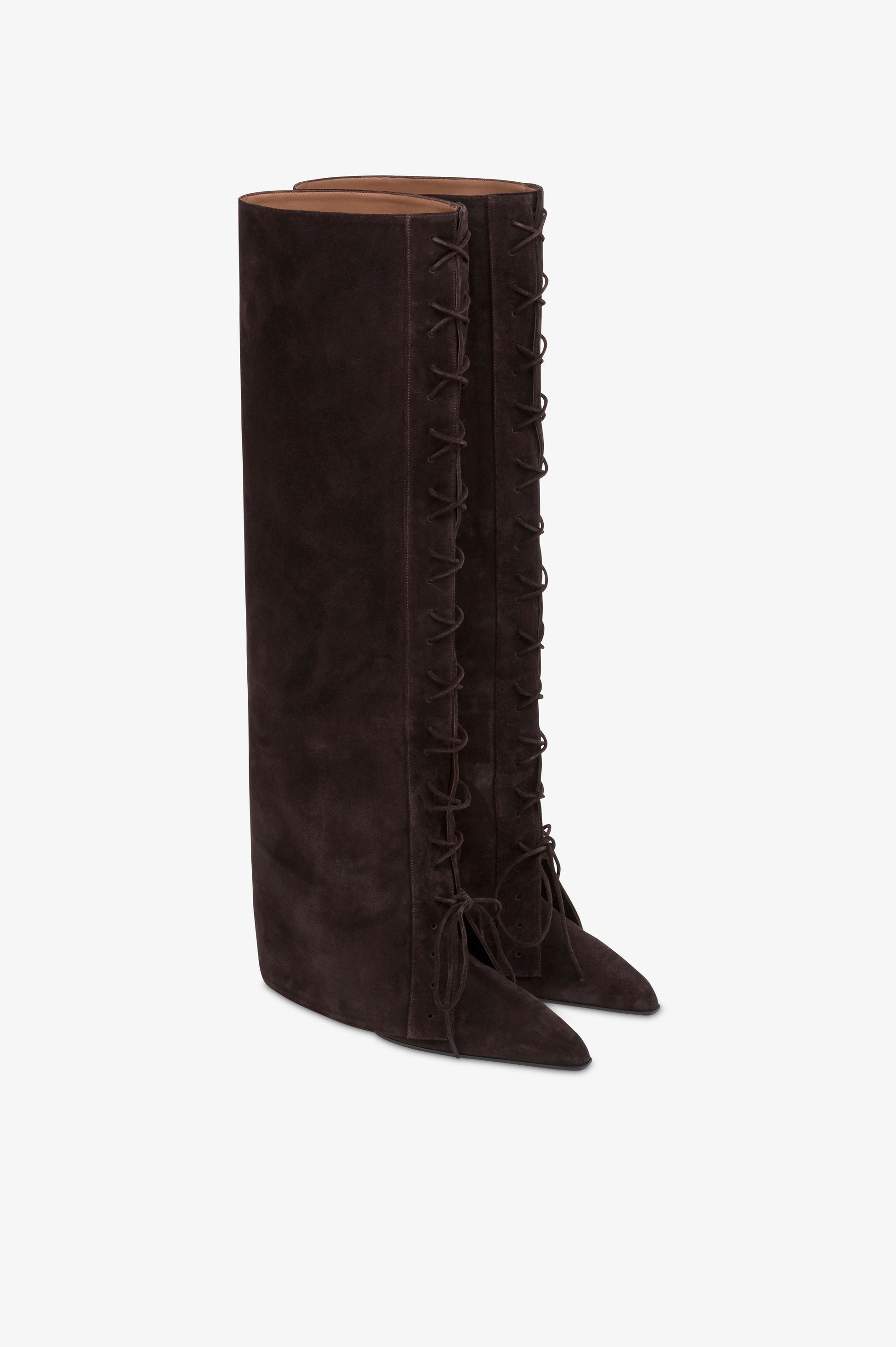 Fold-over boots in ebony calf suede.