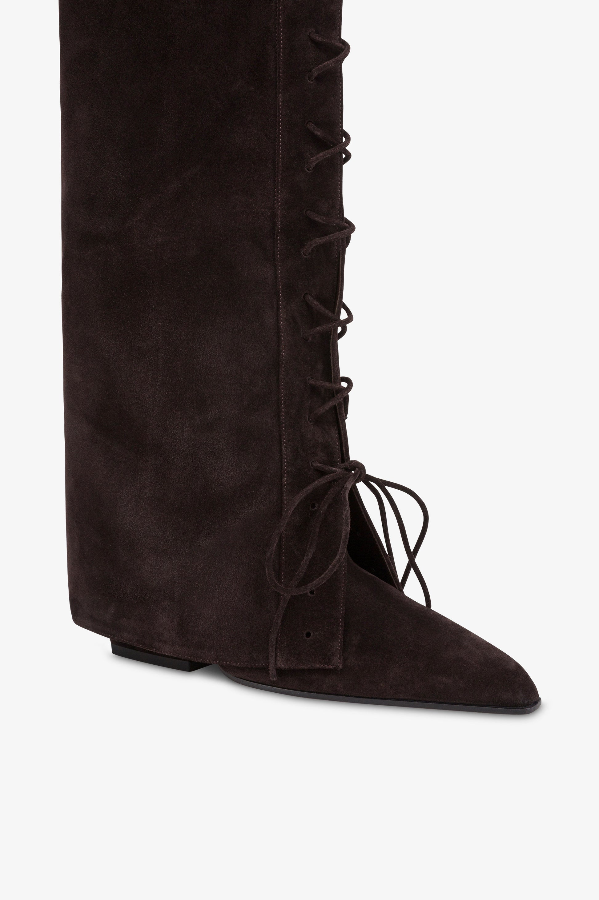Fold-over boots in ebony calf suede.