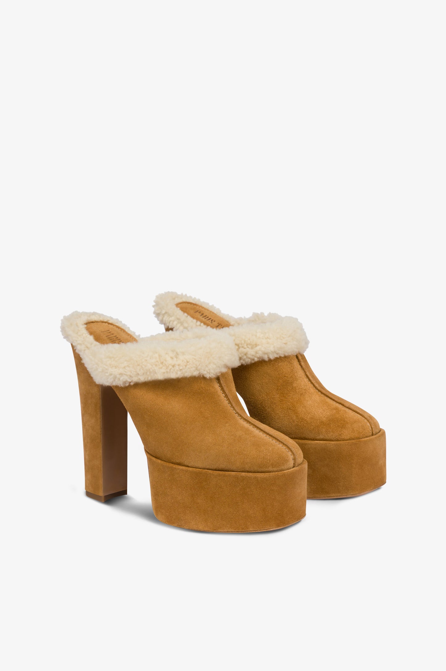 Platform sabots in beige calf suede leather.