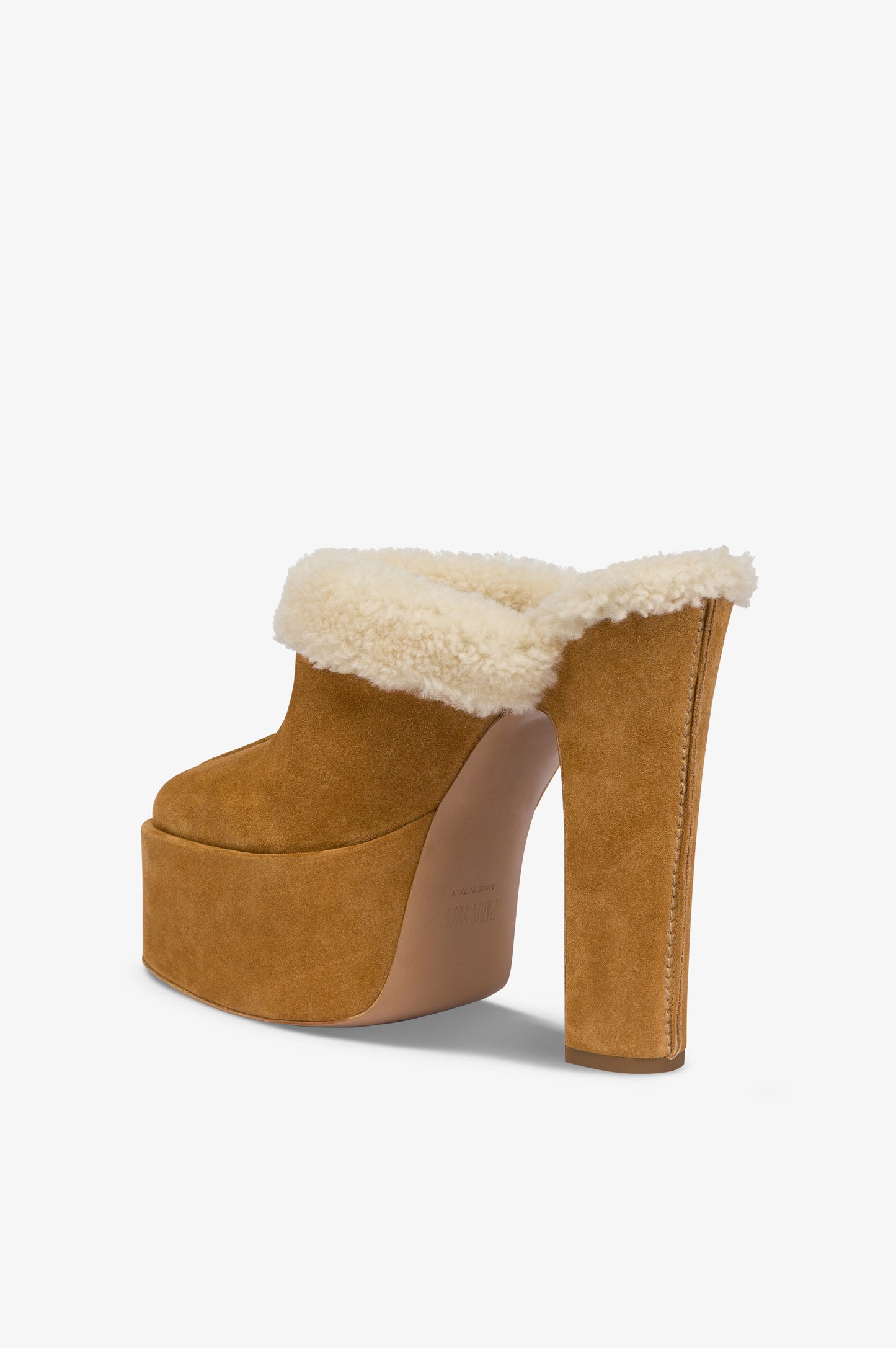 Platform sabots in beige calf suede leather.
