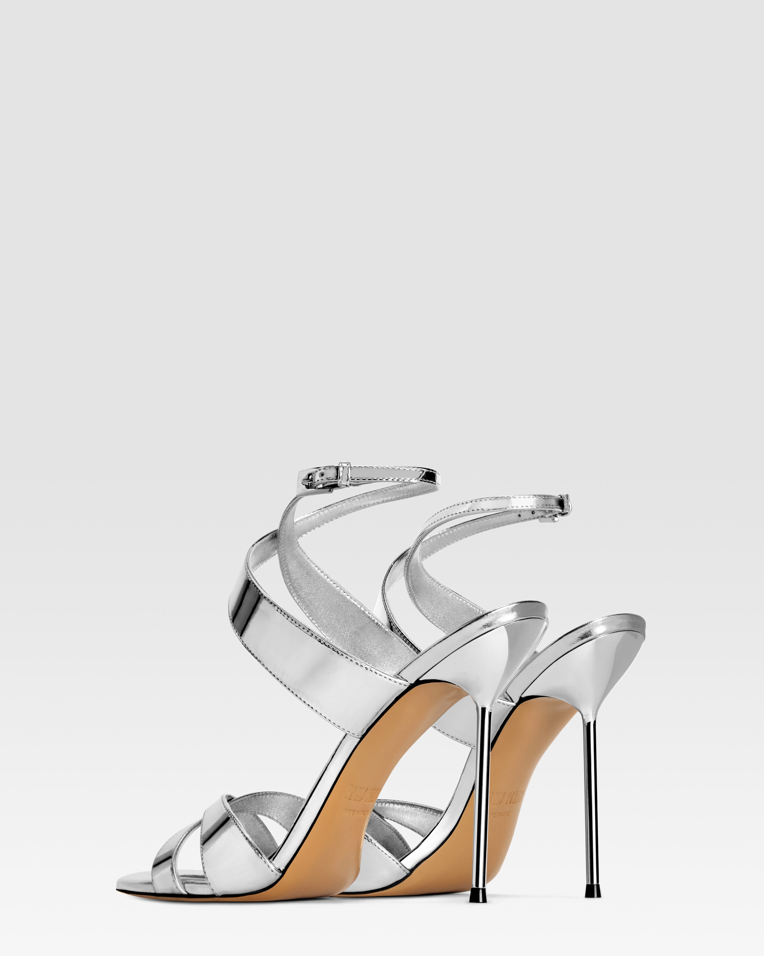 Sandals in silver mirror-effect leather