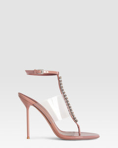 Sandalo t-strap in vernice e pvc con castoni ricamati