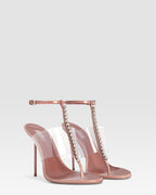 Sandalo t-strap in vernice e pvc con castoni ricamati