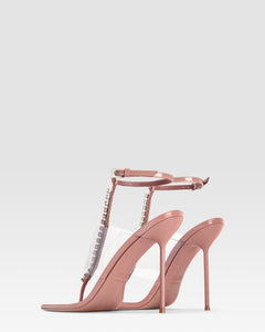Sandalo t-strap in vernice e pvc con castoni ricamati