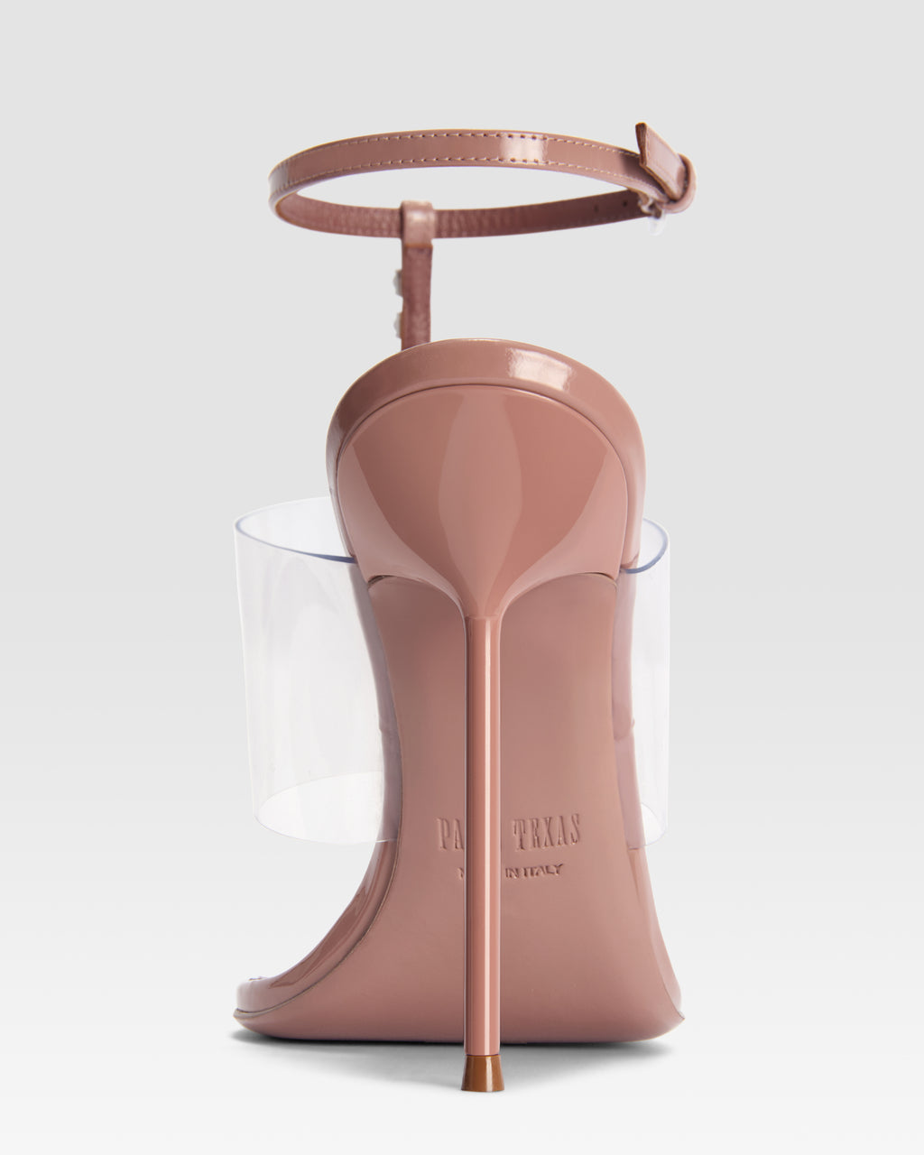Sandalo t-strap in vernice e pvc con castoni ricamati