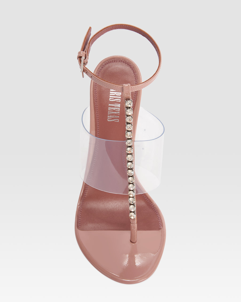 Sandalo t-strap in vernice e pvc con castoni ricamati