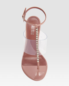 Sandalo t-strap in vernice e pvc con castoni ricamati