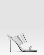Thong-ring mules in silver, mirror-effect leather