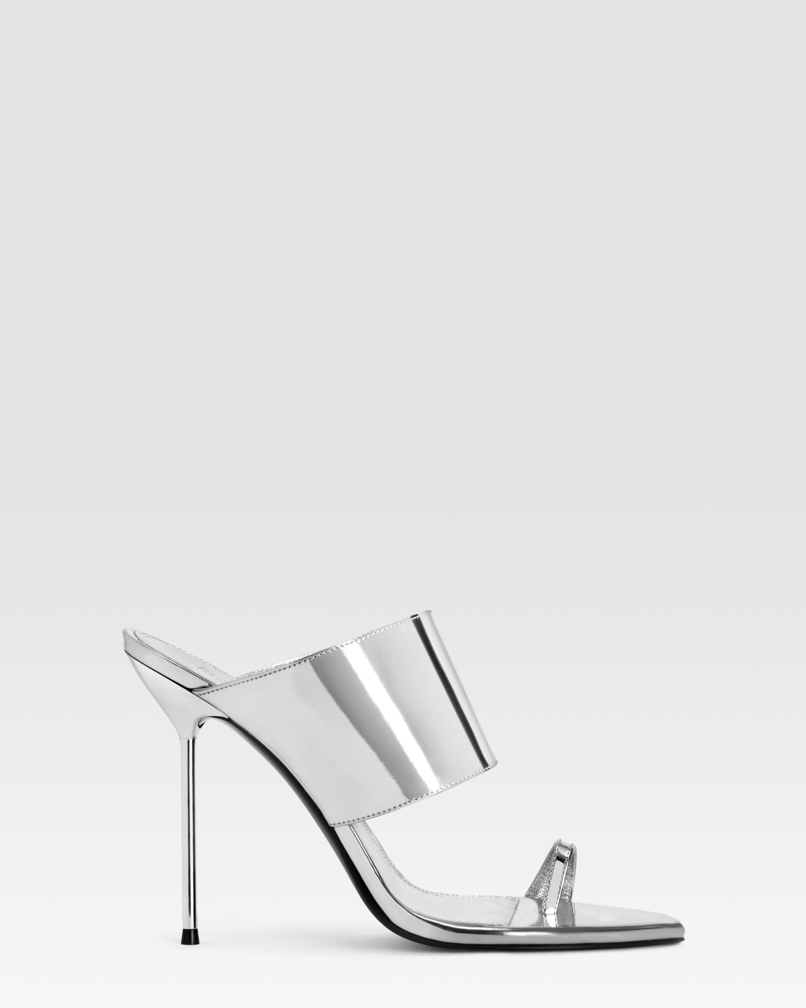 Thong-ring mules in silver, mirror-effect leather