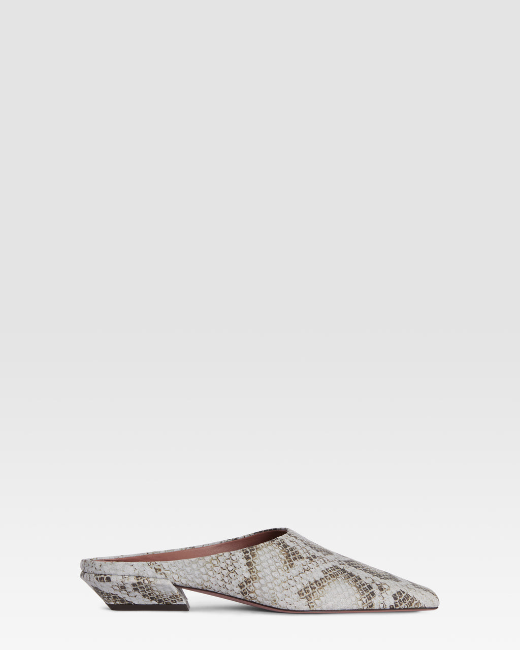 Sabots in denim-colored printed python leather