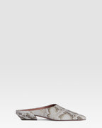 Sabots in denim-colored printed python leather