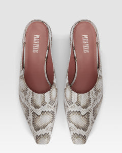 Sabots in denim-colored printed python leather