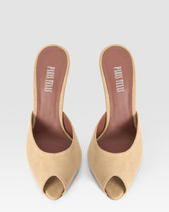 Mules open-toe in sand calf suede leather