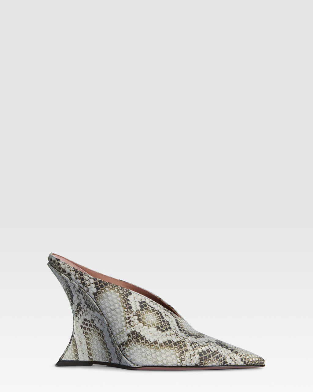 Sabots in denim-colored printed python leather