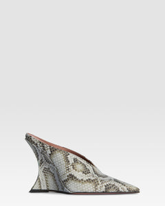 Sabots in denim-colored printed python leather