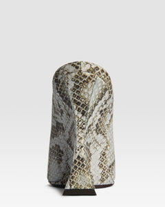 Sabots in denim-colored printed python leather