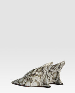 Sabots in denim-colored printed python leather