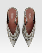 Sabots in denim-colored printed python leather